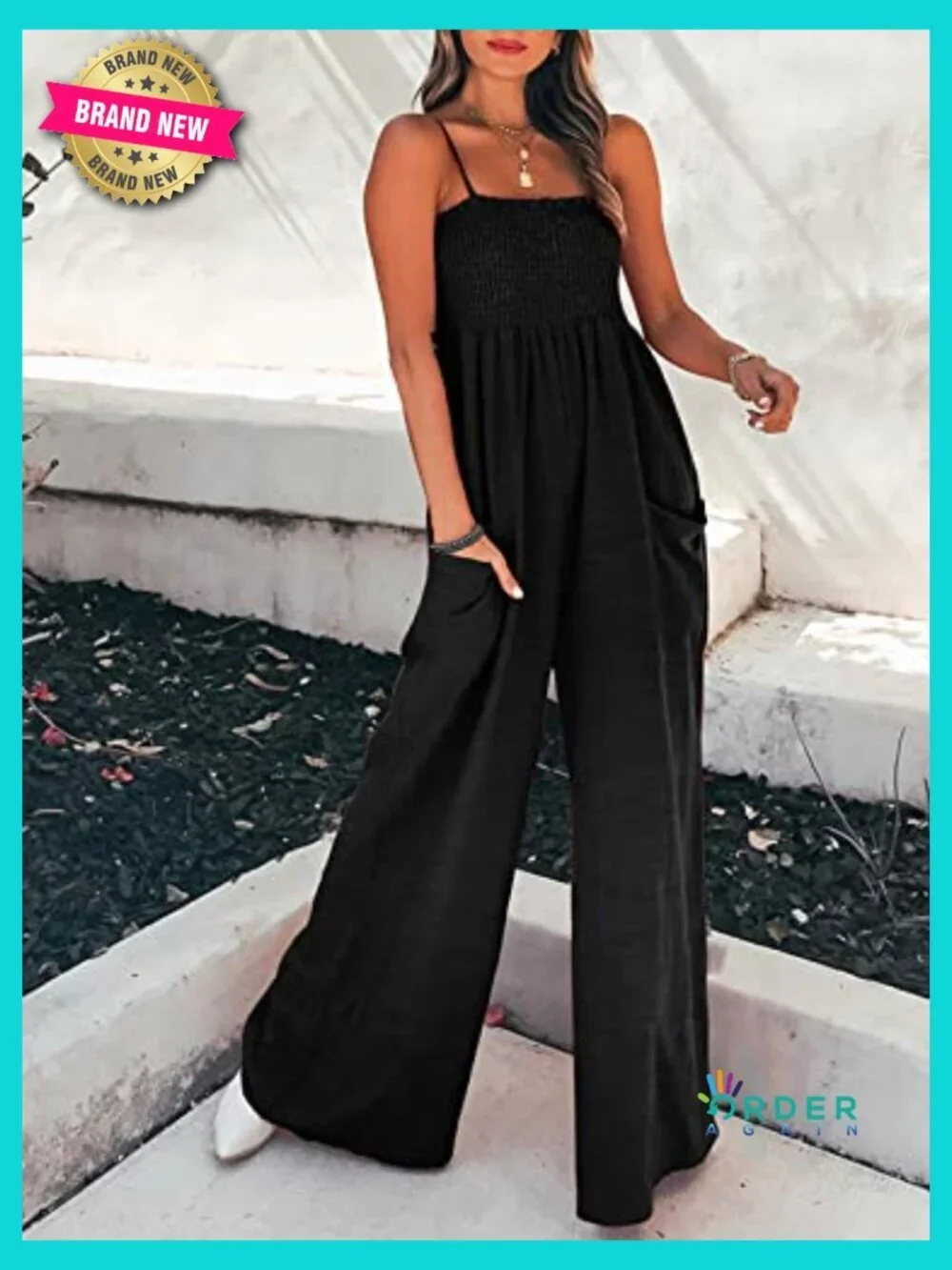 Smocked Square Neck Jumpsuit Adjustable Spaghetti Straps Loose Maxi Pants Summer